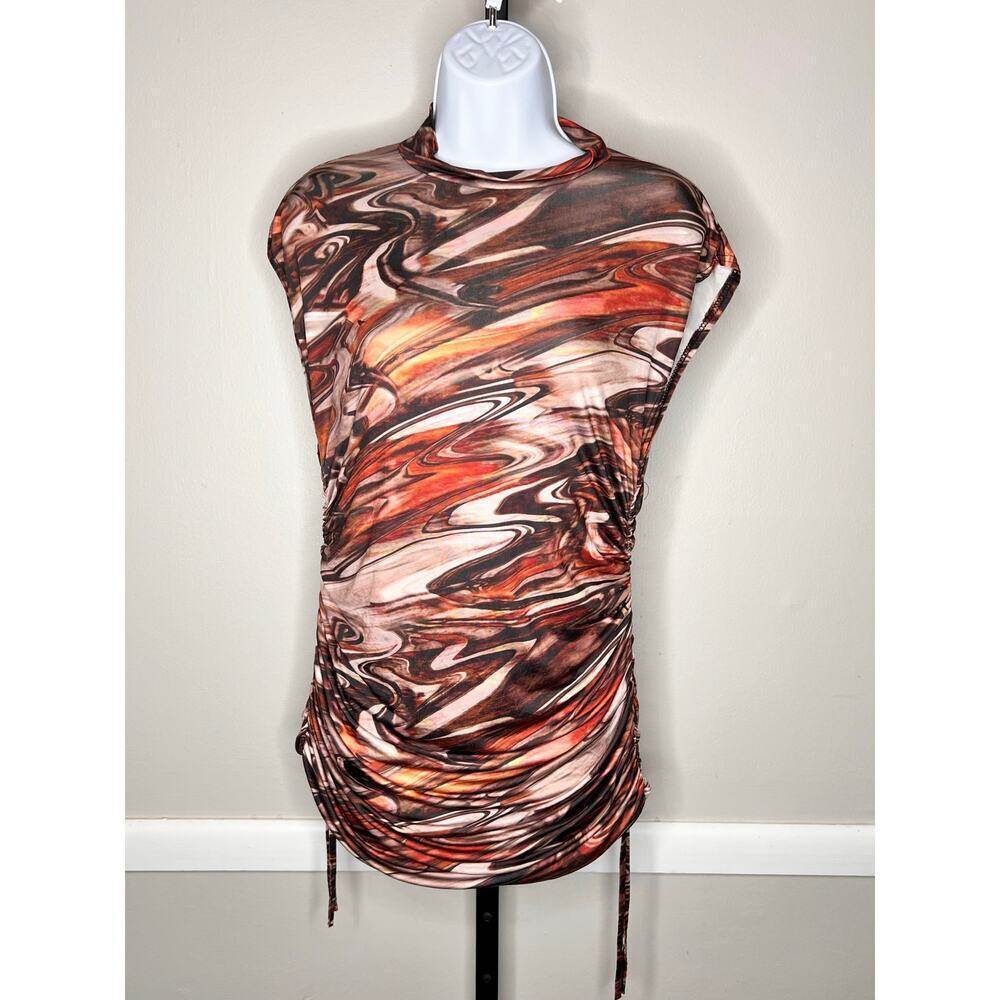 ☀️PrettyLittleThing Brown Print Slinky Sleeveless Ruched Bodycon Mini Dress - Picture 5 of 8